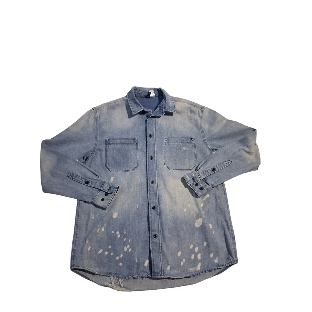 H&M Divided Thrashed Distressed Mens size Medium Grunge‎ Prep Denim Button Shirt